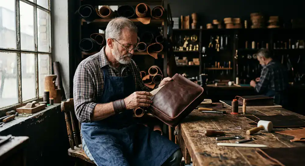 A master artisan inspecting a fine leather piece in the workshop