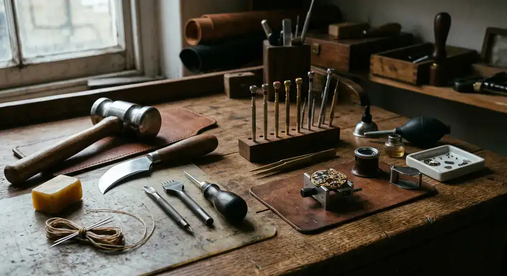 Traditional leatherworking and precision watchmaking tools