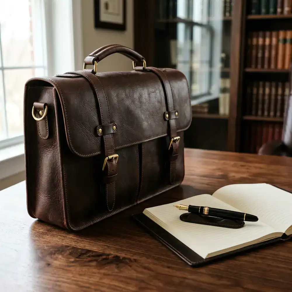 Premium leather briefcase and fountain pen on a dark desk