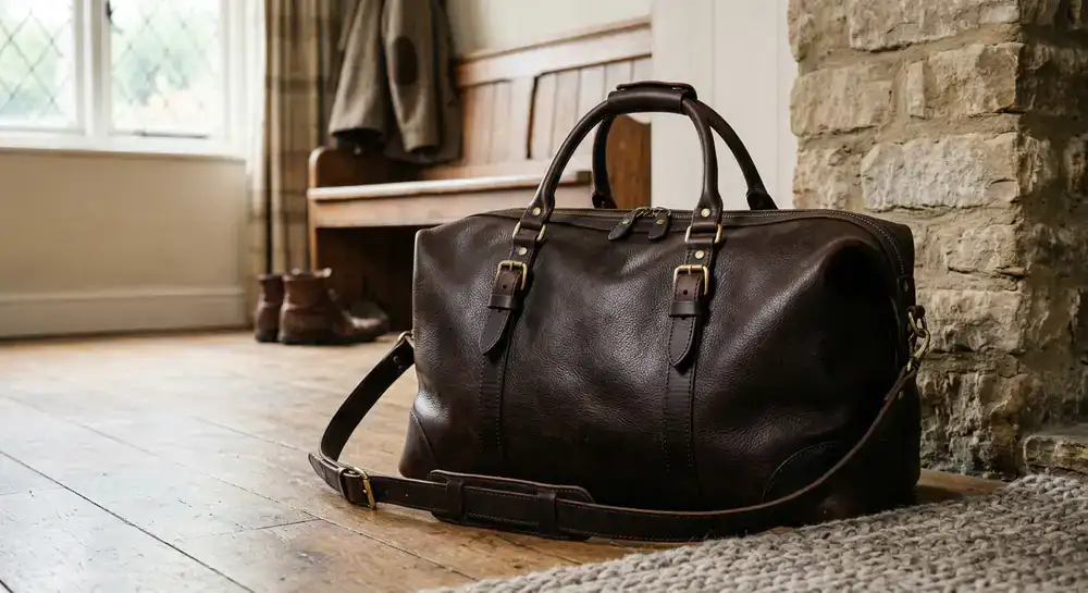 Full-grain leather weekend holdall bag