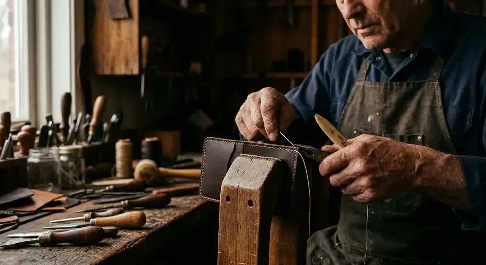 Artisan detailing a fine leather wallet