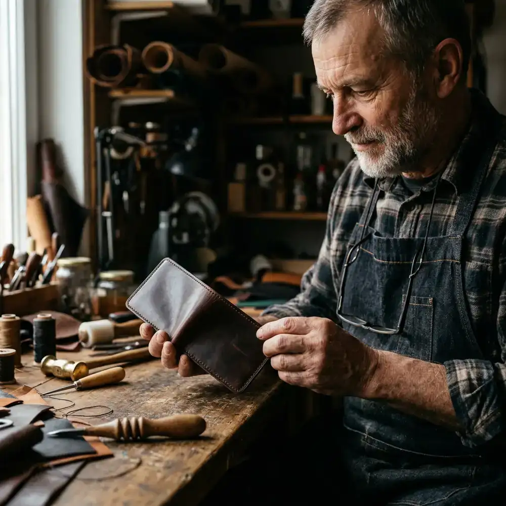 Master artisan inspecting a finished premium leather accessory