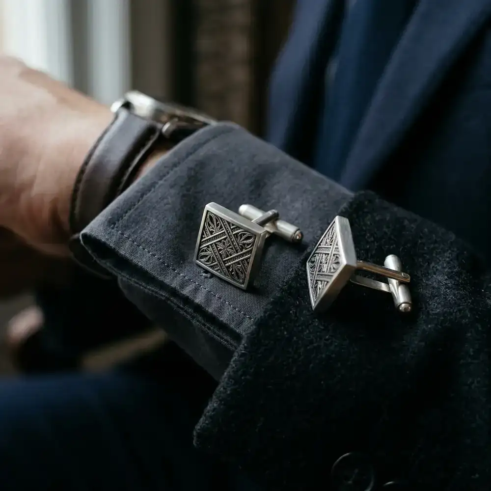 Close-up of premium metallic cufflinks demonstrating expert craftsmanship