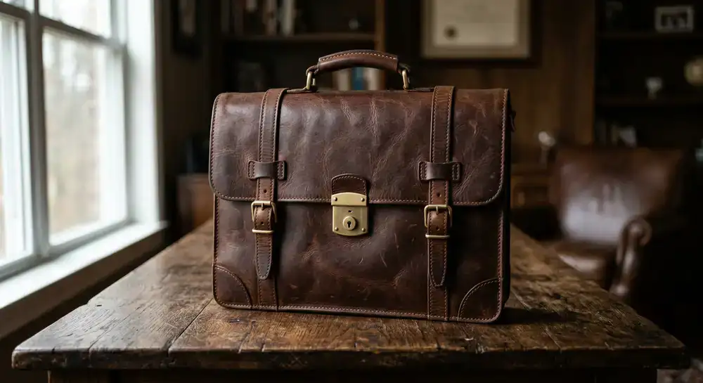 Rich brown leather briefcase resting on a wooden table
