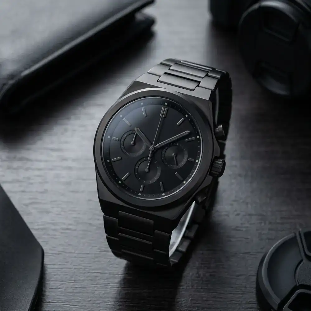 The Obsidian Chronograph watch on a dark surface