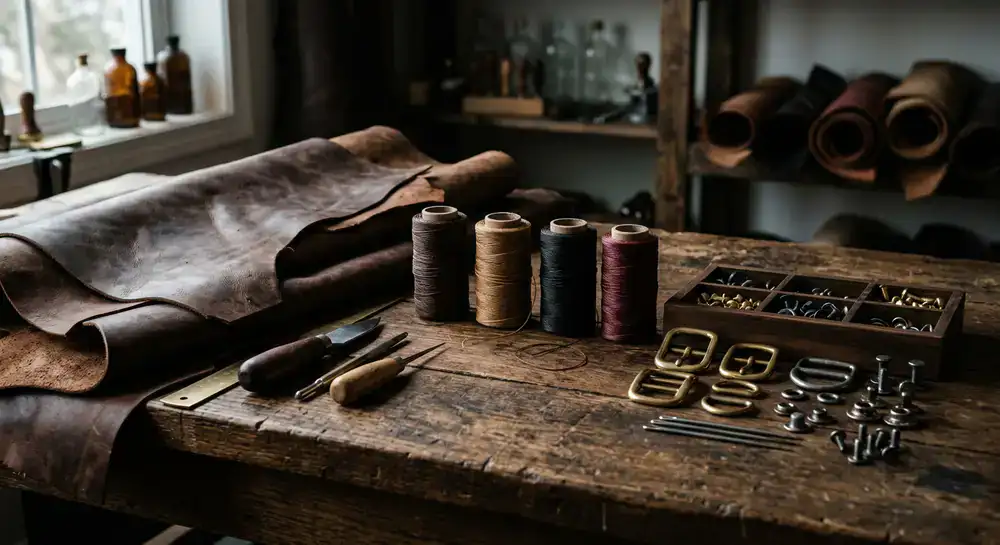 Raw leather hides, premium threads, and steel hardware arranged on a workbench